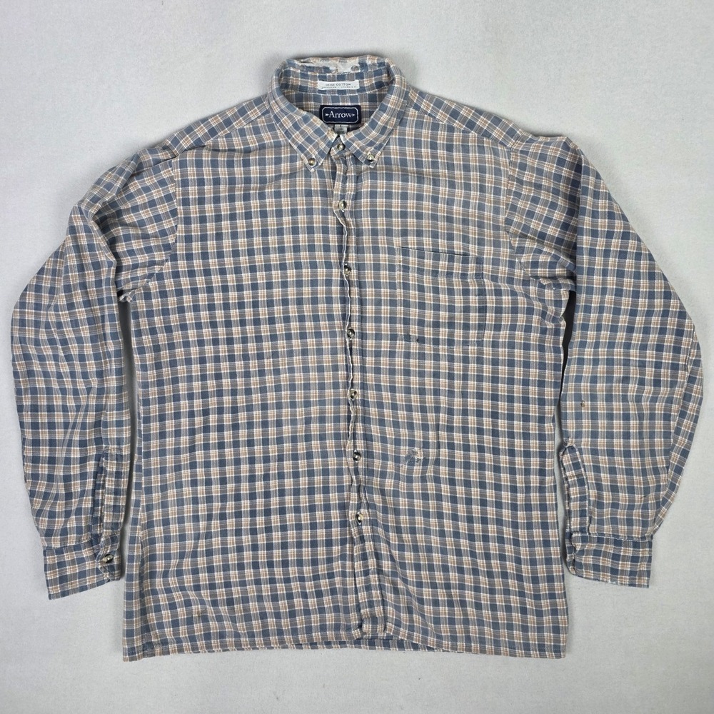 Vintage 80s Arrow Plaid Shirt Mens Large Blue Flannel Distressed Thrashed Cotton